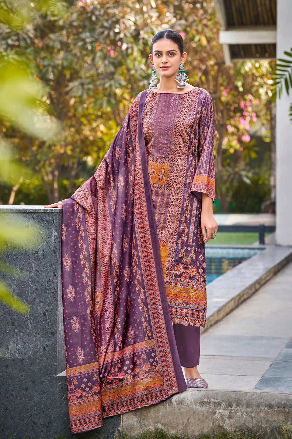 Mumtaz Arts Purple Pure Muslin Digital Print with Exclusive Designer Embroidery Aari Work with Sequins Unstitched Pakistani Salwar Suit Material with Dupatta Fabric