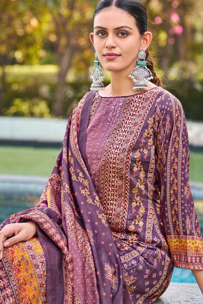 Mumtaz Arts Purple Pure Muslin Digital Print with Exclusive Designer Embroidery Aari Work with Sequins Unstitched Pakistani Salwar Suit Material with Dupatta Fabric