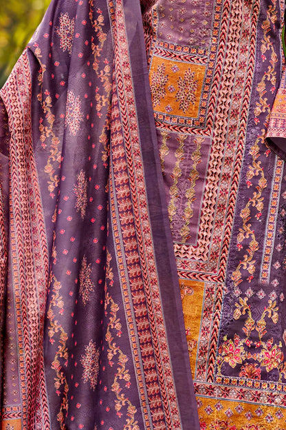 Mumtaz Arts Purple Pure Muslin Digital Print with Exclusive Designer Embroidery Aari Work with Sequins Unstitched Pakistani Salwar Suit Material with Dupatta Fabric