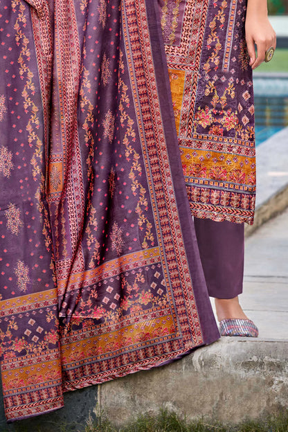 Mumtaz Arts Purple Pure Muslin Digital Print with Exclusive Designer Embroidery Aari Work with Sequins Unstitched Pakistani Salwar Suit Material with Dupatta Fabric