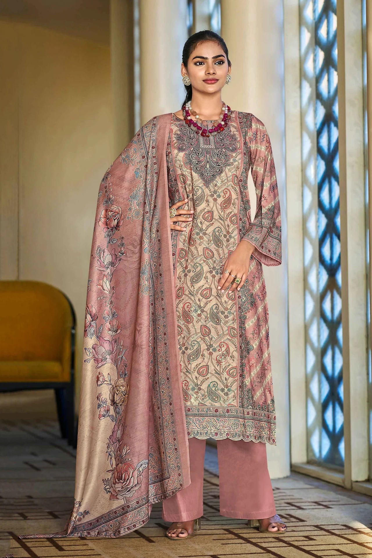 Mumtaz Arts Pink Pure Muslin Digital Print with Exclusive Designer Embroidery Aari Work with Sequins Unstitched Pakistani Salwar Suit Material with Dupatta Fabric