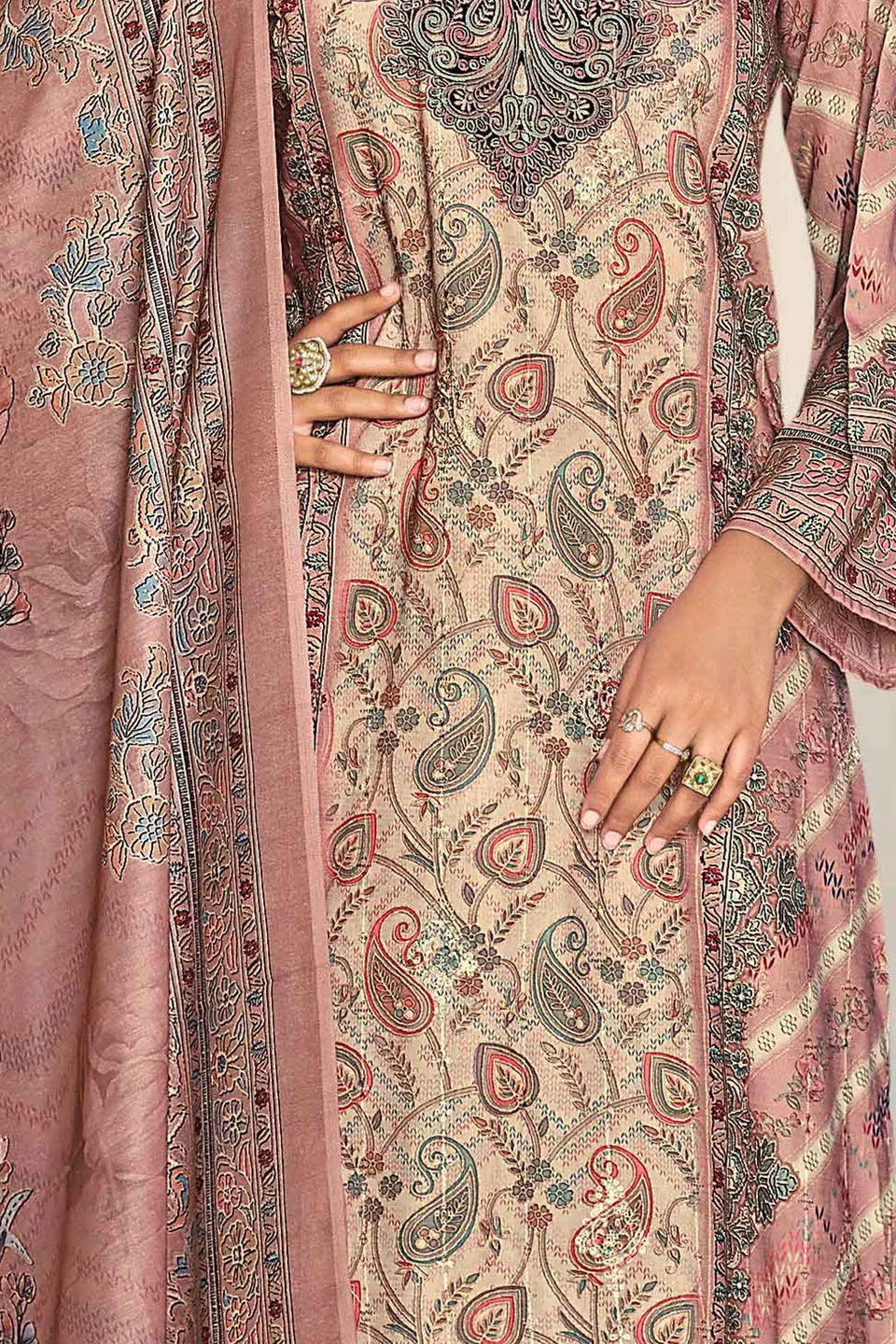 Mumtaz Arts Pink Pure Muslin Digital Print with Exclusive Designer Embroidery Aari Work with Sequins Unstitched Pakistani Salwar Suit Material with Dupatta Fabric