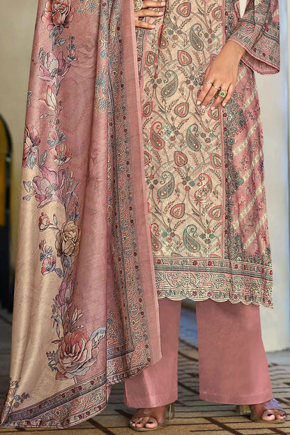 Mumtaz Arts Pink Pure Muslin Digital Print with Exclusive Designer Embroidery Aari Work with Sequins Unstitched Pakistani Salwar Suit Material with Dupatta Fabric